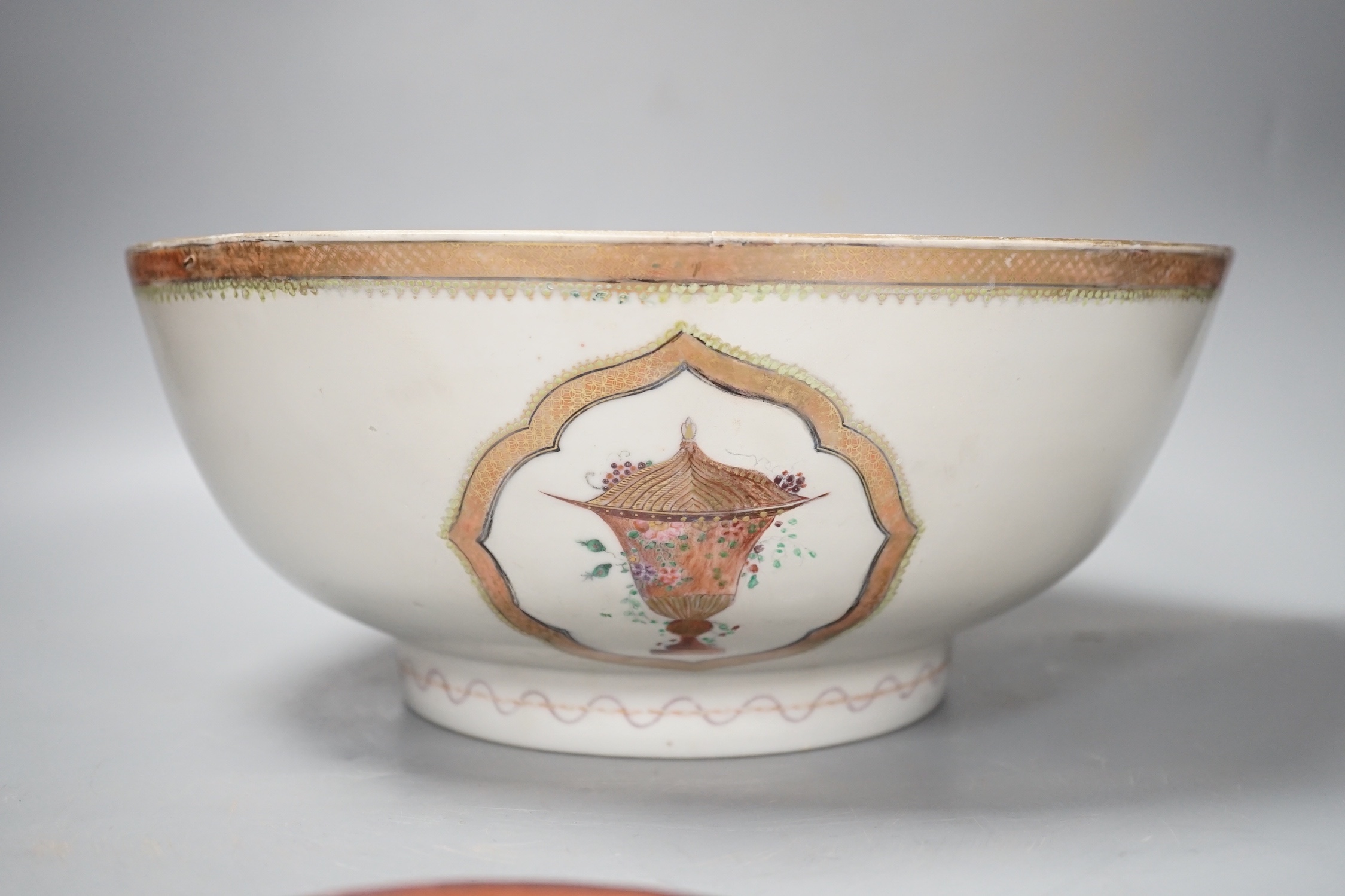 A Jun type dish, 13.5cm and an 18th century Chinese famille rose punch bowl, 29cm